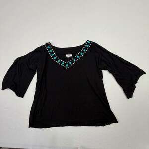 AKU Women's Black V-Neck Top with Turquoise Stone and Stud Embellished Trim